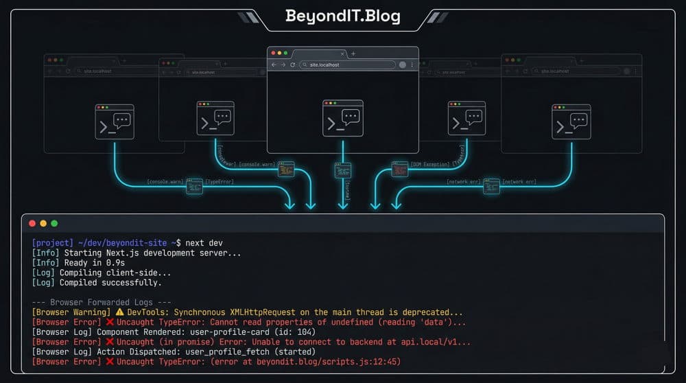 Dark terminal running next dev with browser‑style warning and error logs flowing down from browser windows into the CLI, showing browser logs forwarded to the terminal.