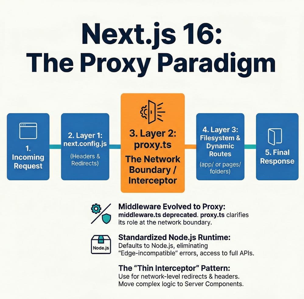 Flowchart illustrating the Next.js 16.1 request lifecycle, showing lightweight session checks in proxy.ts routing to secure Data Access Layer validation in Server Components.