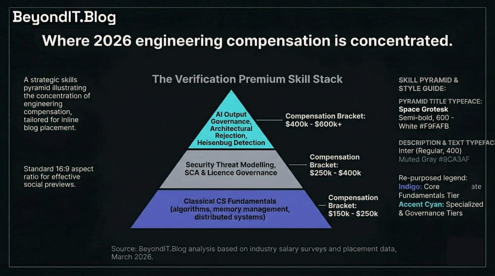 Dual-axis line chart 2022-2026: AI Code Generation Rate rising sharply while Code Comprehension Coverage declines. Source: GitClear 2026, DORA 2025.