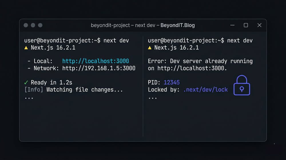 Terminal showing next dev already running with a message pointing to a .next/dev/lock file and an existing PID, representing Next.js 16.2 dev server locking.