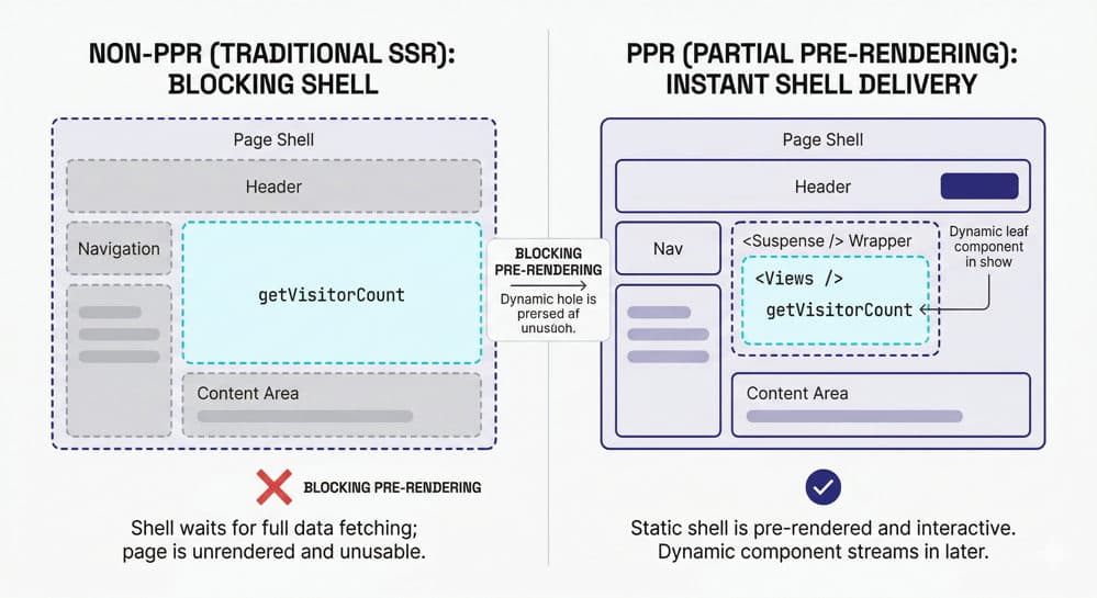 Two‑panel diagram comparing a PPR page where a top‑level getVisitorCount call blocks the whole shell versus a version where the fetch is moved into a small Suspense leaf component.
