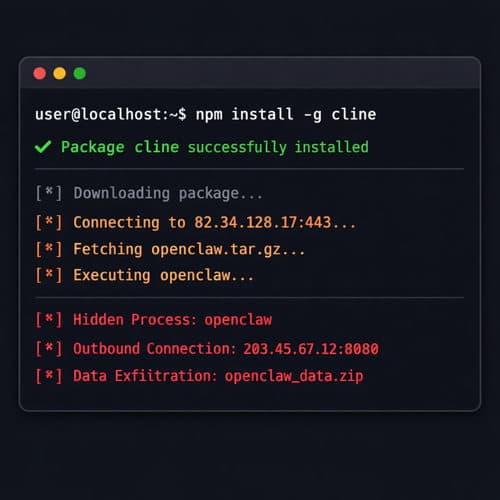 Terminal output demonstrating the unauthorized installation of the OpenClaw AI agent during the cline@2.3.0 supply chain attack.