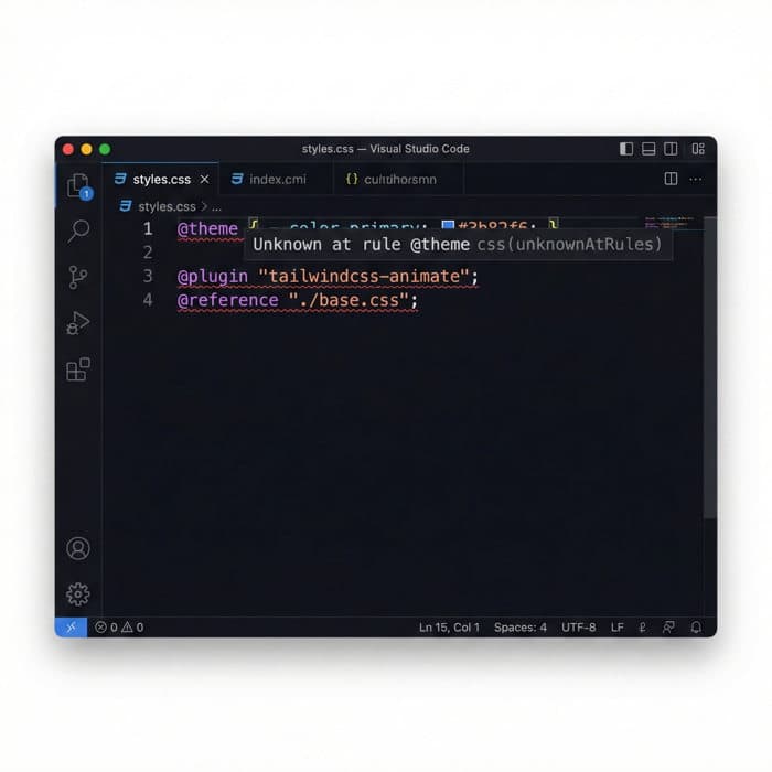 VS Code editor showing Unknown at rule @theme and css(unknownAtRules) warning with red squiggly lines