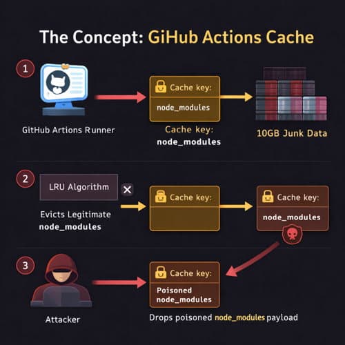 Diagram illustrating the GitHub Actions LRU cache eviction mechanism being exploited to poison the node_modules directory.