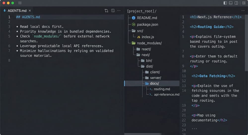 Code editor with AGENTS.md open beside the Next.js docs folder path in node_modules, showing rules that tell AI agents to read local docs first.