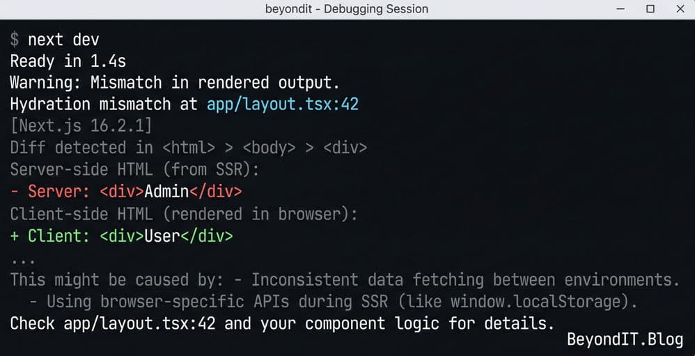Terminal close‑up showing a Next.js hydration mismatch diff where the server rendered Admin and the client rendered User at app/layout.tsx line 42.