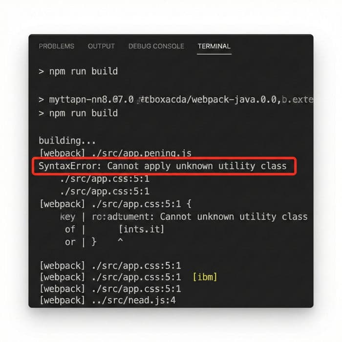Terminal output showing Cannot apply unknown utility class fatal error after upgrading to Tailwind CSS v4