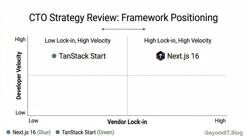 Quadrant chart comparing Next.js 16 and TanStack Start by vendor lock-in and developer velocity.