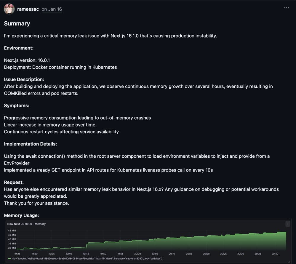 Screenshot of GitHub issue #88603 showing reports of Next.js 16 Out-Of-Memory (OOM) crashes and linear memory growth.