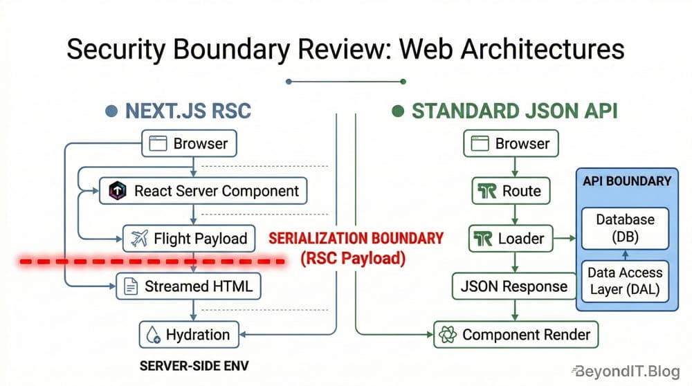 Security boundary comparison between React Server Components Flight protocol and a standard JSON API architecture.